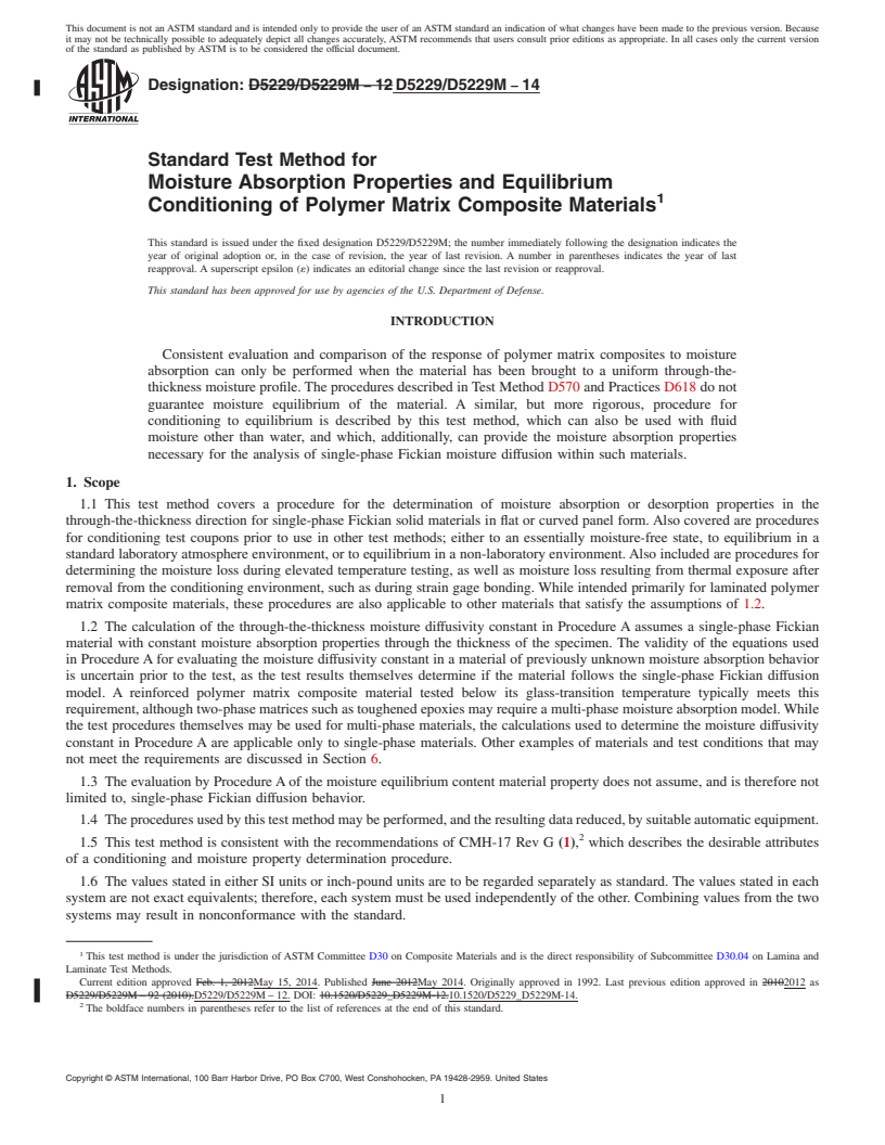 REDLINE ASTM D5229/D5229M-14 - Standard Test Method for  Moisture Absorption Properties and Equilibrium Conditioning  of Polymer Matrix Composite Materials