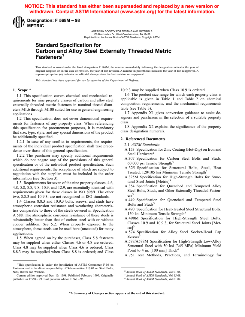 ASTM F568M-98 - Standard Specification for Carbon and Alloy Steel Externally Threaded Metric Fasteners