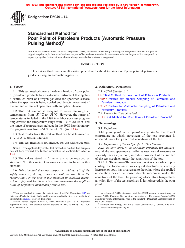 ASTM D5949-14 - Standard Test Method for Pour Point of Petroleum Products &#40;Automatic Pressure Pulsing   Method&#41;