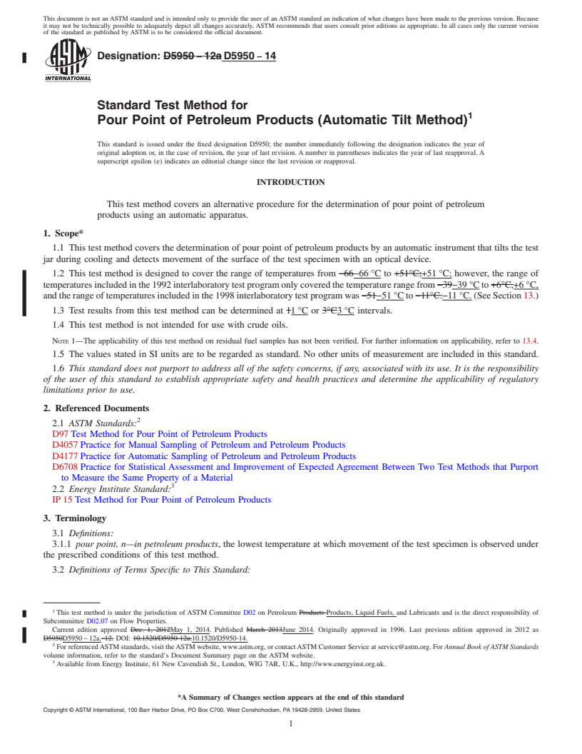 REDLINE ASTM D5950-14 - Standard Test Method for Pour Point of Petroleum Products &#40;Automatic Tilt Method&#41;