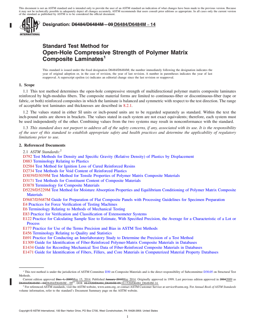 REDLINE ASTM D6484/D6484M-14 - Standard Test Method for  Open-Hole Compressive Strength of Polymer Matrix Composite  Laminates