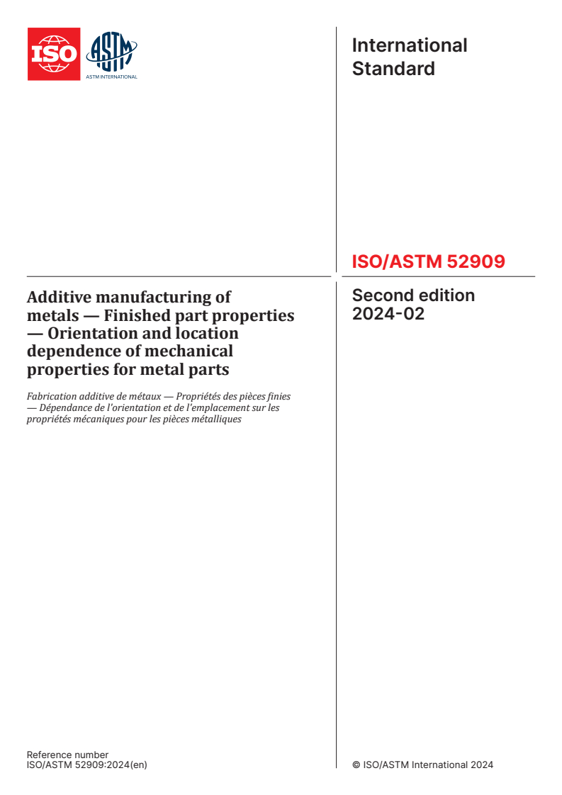 ISO/ASTM 52909:2024 - Additive manufacturing of metals — Finished part properties — Orientation and location dependence of mechanical properties for metal parts
Released:29. 02. 2024