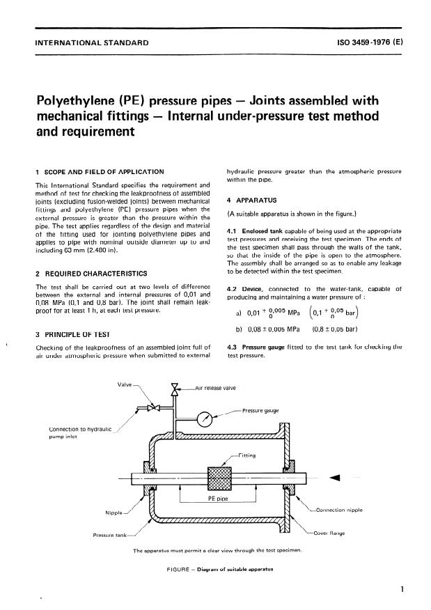 ISO 3459:1976 - Polyethylene (PE) pressure pipes -- Joints assembled with mechanical fittings -- Internal under-pressure test method and requirement