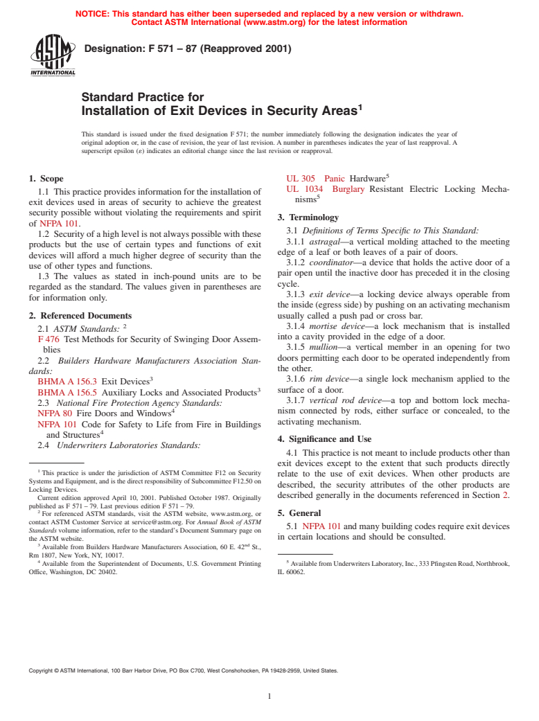 ASTM F571-87(2001) - Standard Practice for Installation of Exit Devices in Security Areas