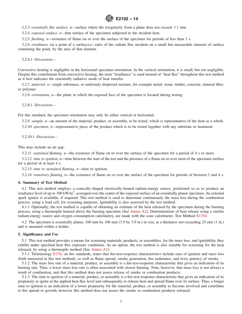 REDLINE ASTM E2102-14 - Standard Test Method for  Measurement of Mass Loss and Ignitability for Screening Purposes  Using a Conical Radiant Heater