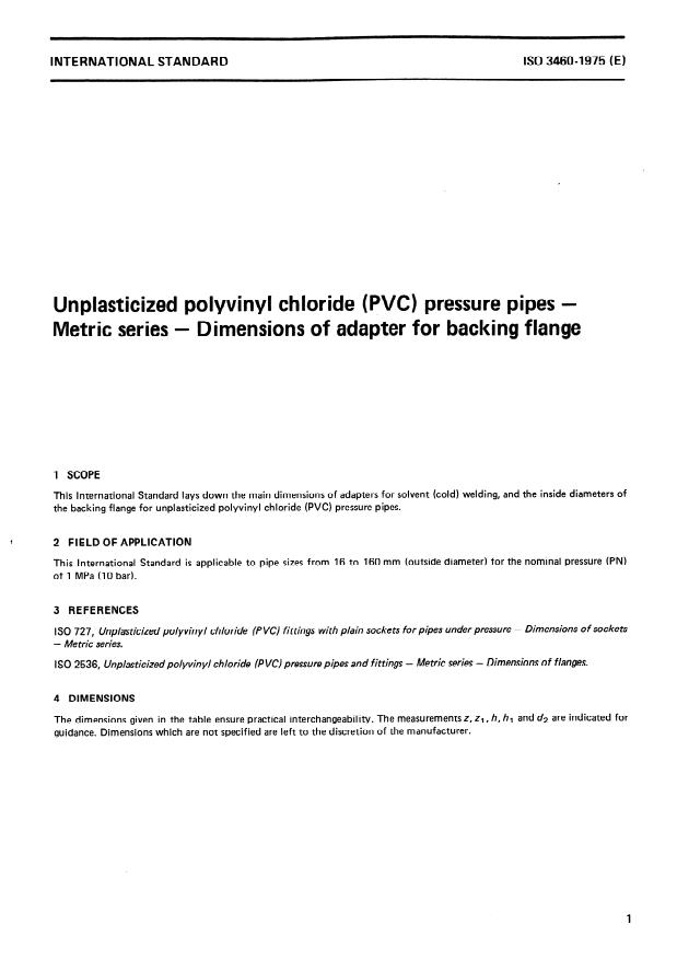 ISO 3460:1975 - Unplasticized polyvinyl chloride (PVC) pressures pipes -- Metric series -- Dimensions of adapter for backing flange