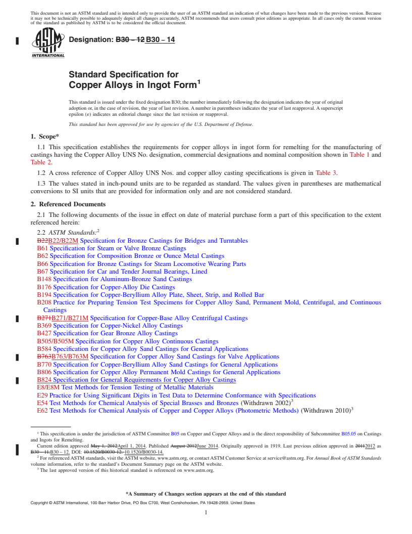 REDLINE ASTM B30-14 - Standard Specification for Copper Alloys in Ingot Form