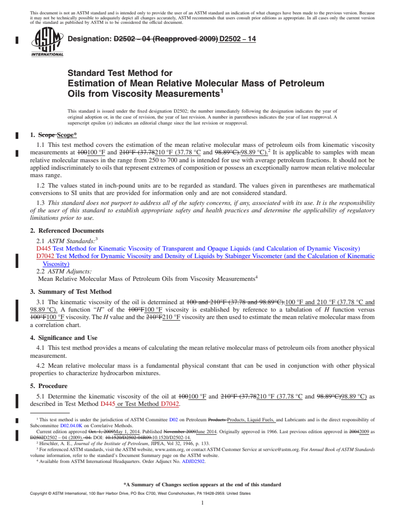 REDLINE ASTM D2502-14 - Standard Test Method for  Estimation of Mean Relative Molecular Mass of Petroleum Oils   from Viscosity Measurements