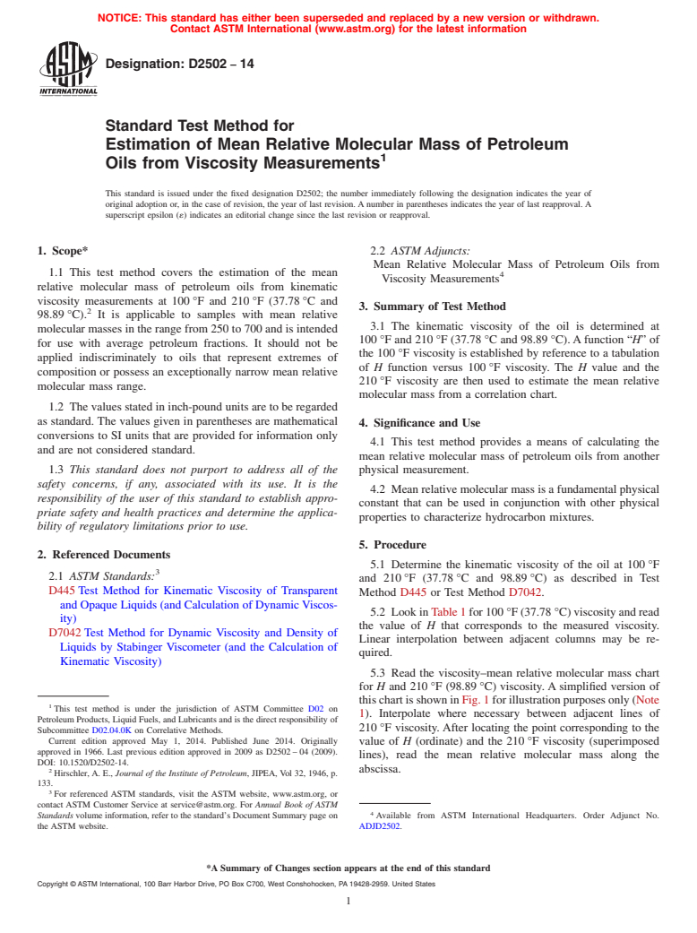 ASTM D2502-14 - Standard Test Method for  Estimation of Mean Relative Molecular Mass of Petroleum Oils   from Viscosity Measurements