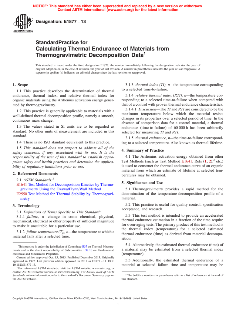 ASTM E1877-13 - Standard Practice for  Calculating Thermal Endurance of Materials from Thermogravimetric   Decomposition Data