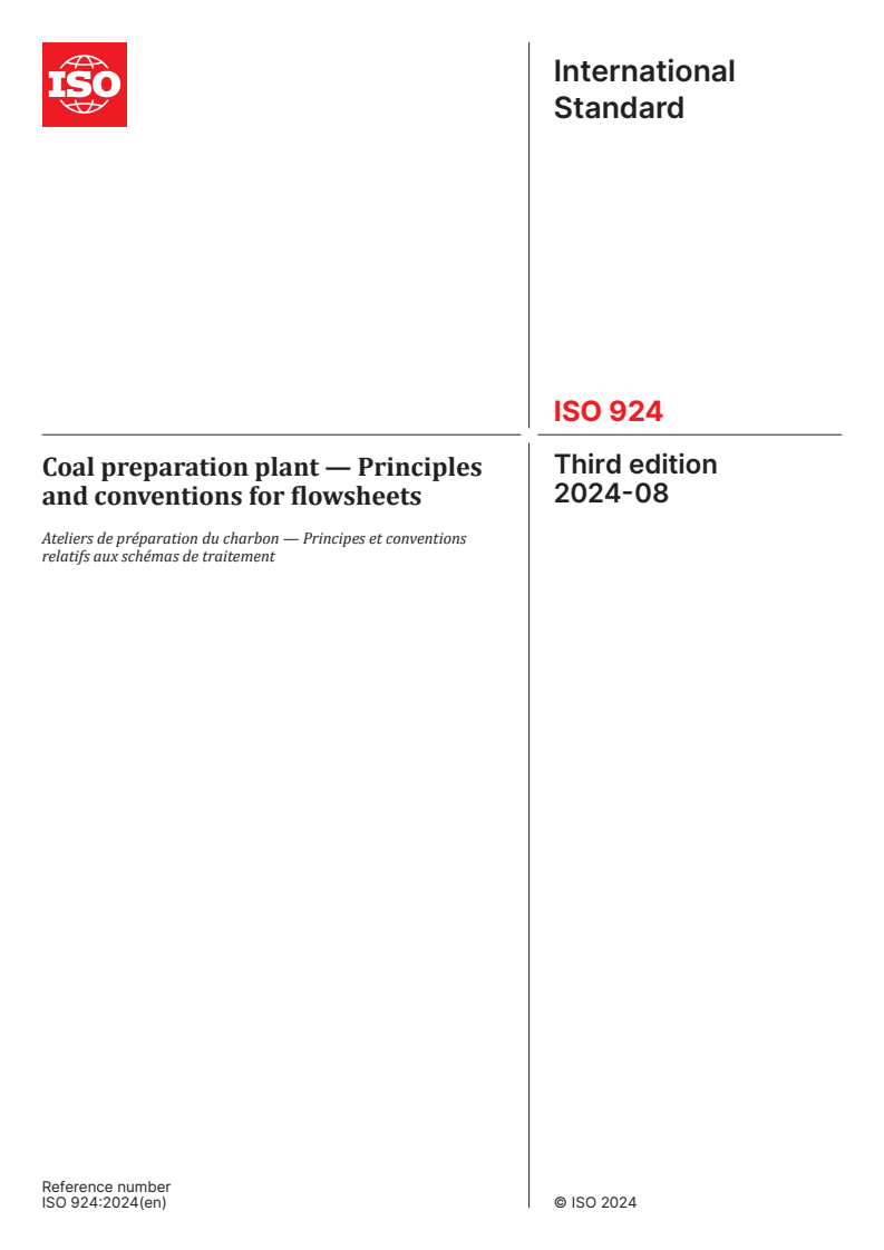 ISO 924:2024 - Coal preparation plant — Principles and conventions for flowsheets
Released:30. 08. 2024