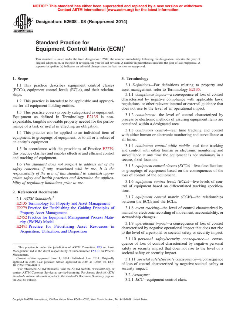 ASTM E2608-08(2014) - Standard Practice for  Equipment Control Matrix &#40;ECM&#41;