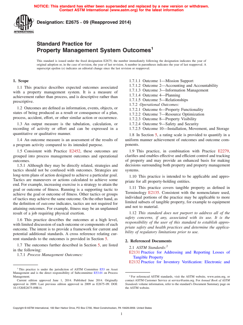 ASTM E2675-09(2014) - Standard Practice for  Property Management System Outcomes