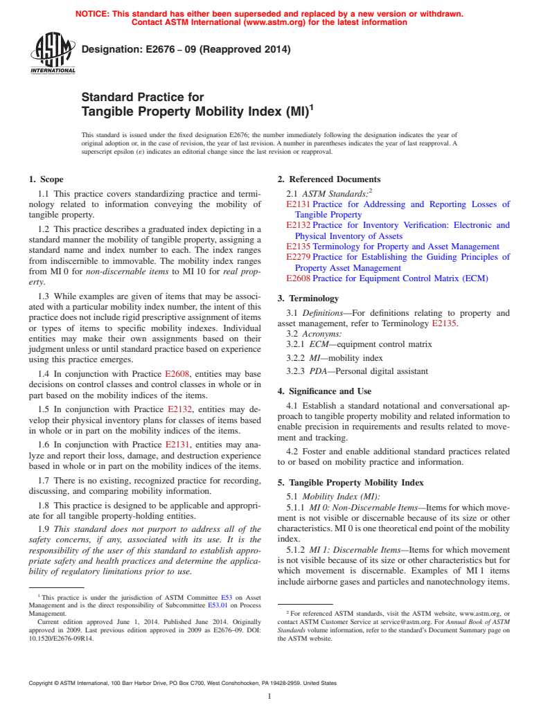 ASTM E2676-09(2014) - Standard Practice for  Tangible Property Mobility Index &#40;MI&#41;