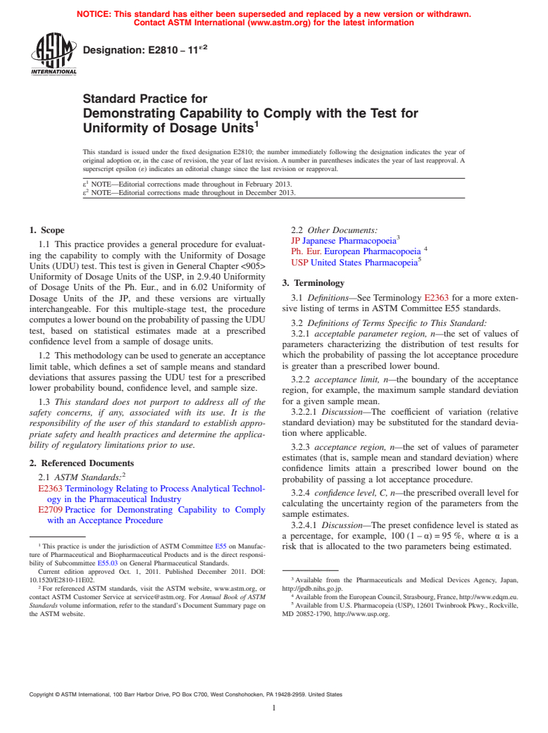 ASTM E2810-11e2 - Standard Practice for  Demonstrating Capability to Comply with the Test for Uniformity  of Dosage Units