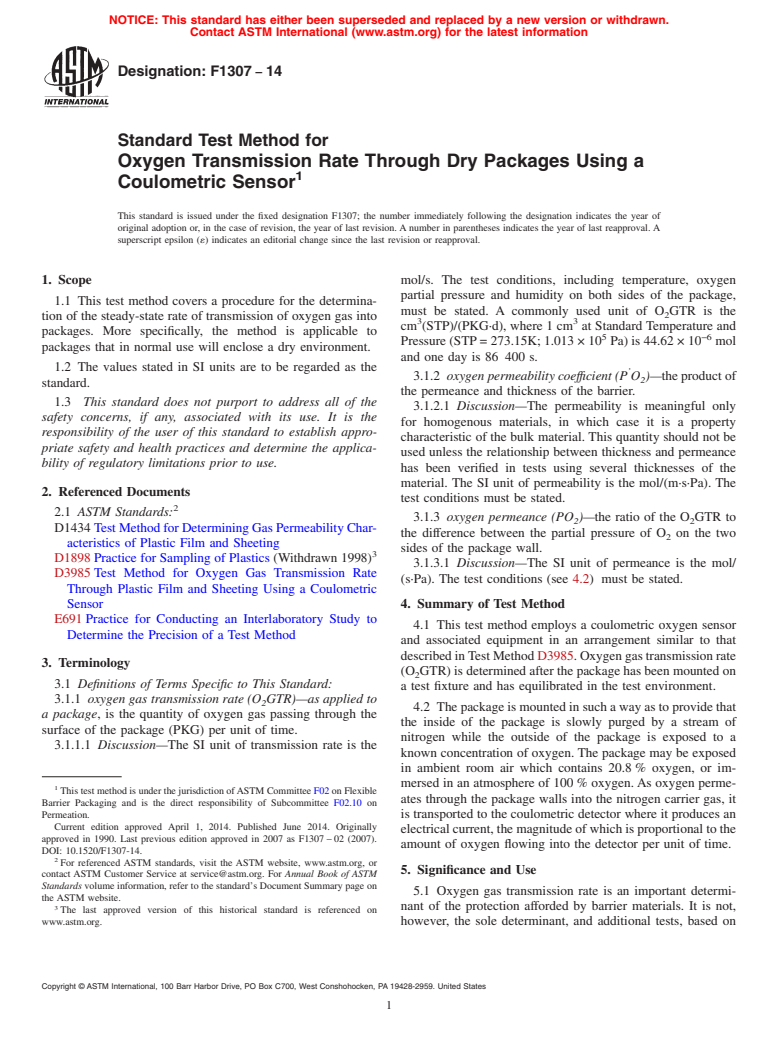 ASTM F1307-14 - Standard Test Method for  Oxygen Transmission Rate Through Dry Packages Using a Coulometric   Sensor