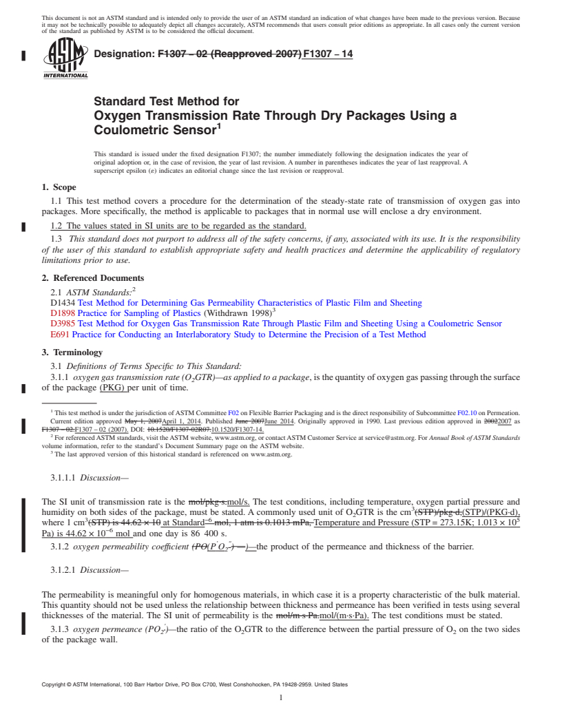 REDLINE ASTM F1307-14 - Standard Test Method for  Oxygen Transmission Rate Through Dry Packages Using a Coulometric   Sensor
