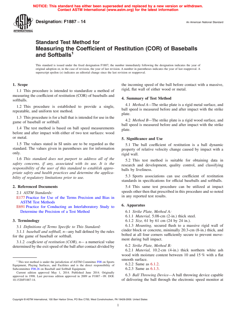 ASTM F1887-14 - Standard Test Method for  Measuring the Coefficient of Restitution &#40;COR&#41; of Baseballs  and Softballs