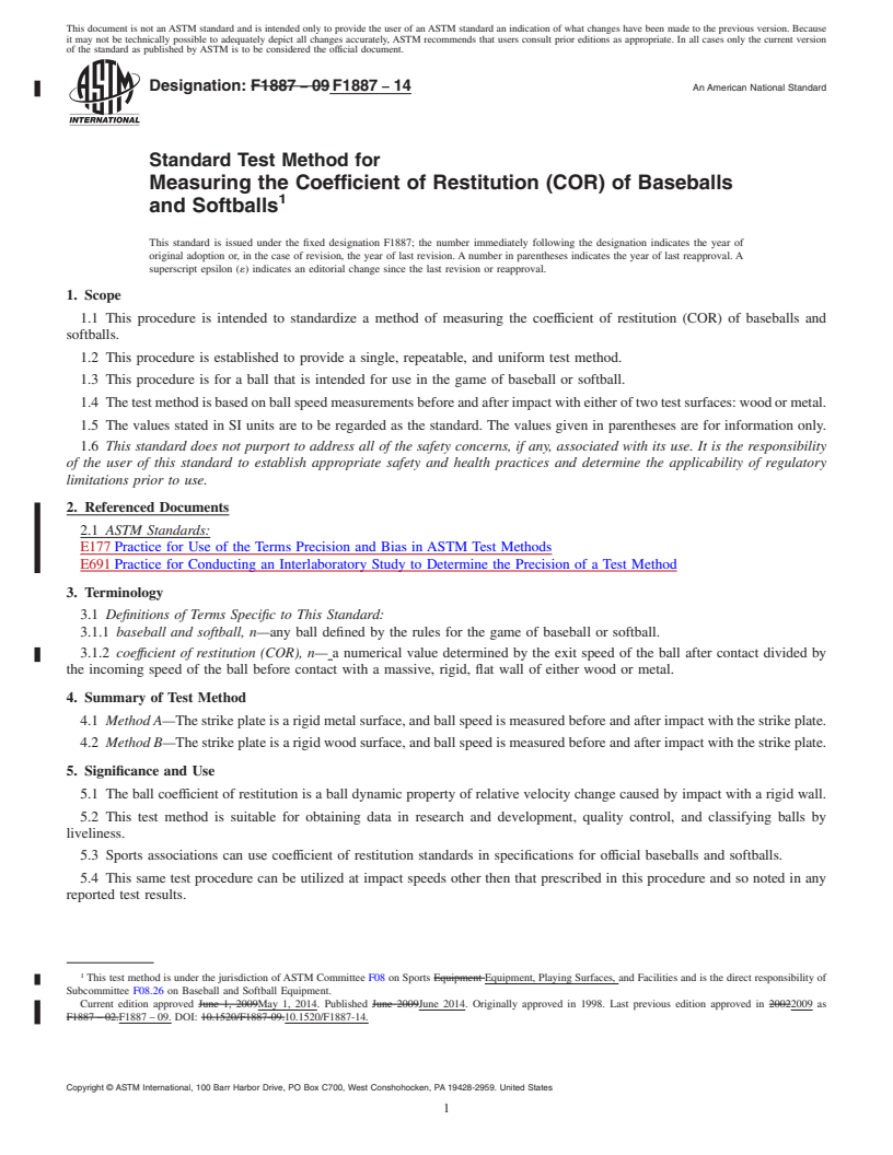 REDLINE ASTM F1887-14 - Standard Test Method for  Measuring the Coefficient of Restitution &#40;COR&#41; of Baseballs  and Softballs