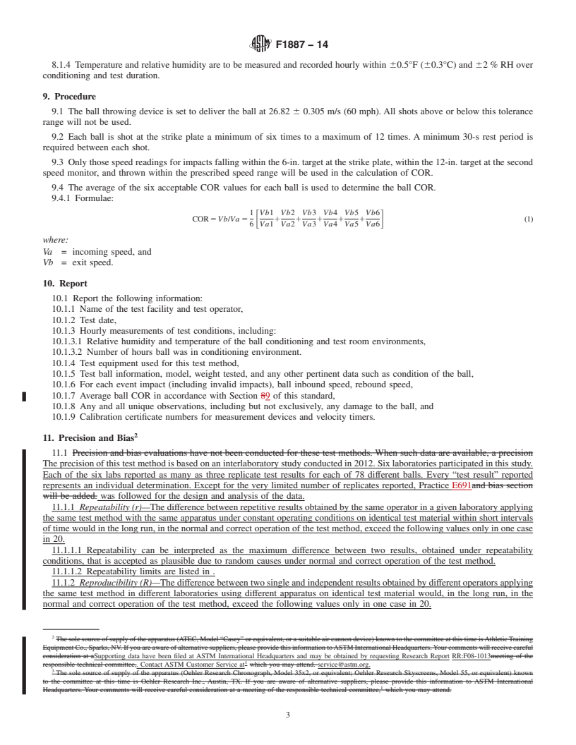 REDLINE ASTM F1887-14 - Standard Test Method for  Measuring the Coefficient of Restitution &#40;COR&#41; of Baseballs  and Softballs