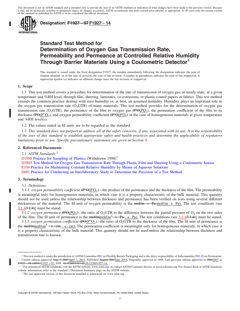 ASTM F Standard Test Method For Determination Of Oxygen Gas Transmission Rate Permeability