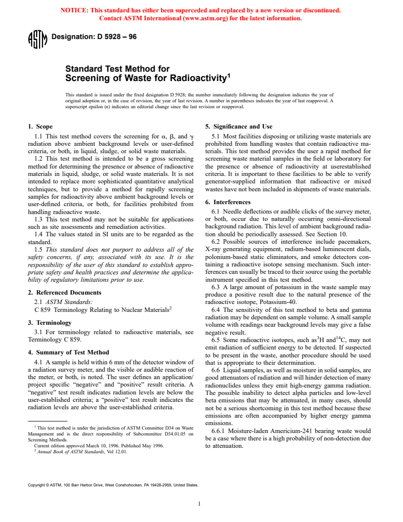 ASTM D5928-96 - Standard Test Method for Screening of Waste for Radioactivity