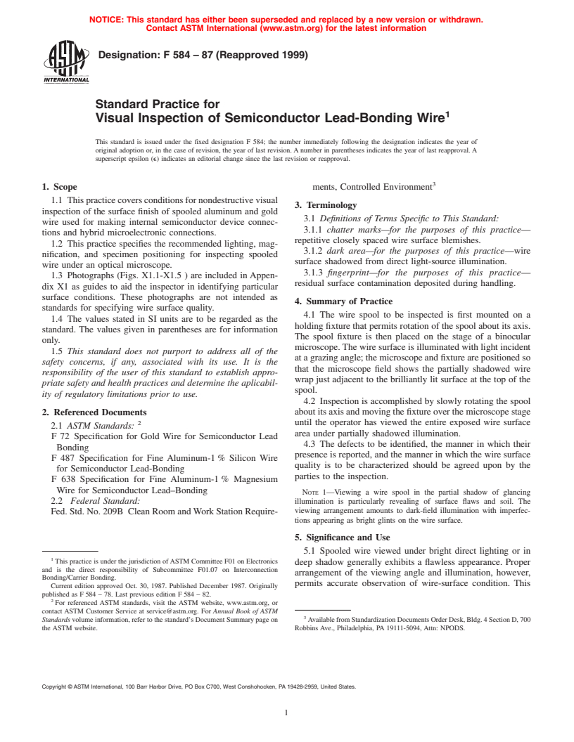 ASTM F584-87(1999) - Standard Practice for Visual Inspection of Semiconductor Lead-Bonding Wire