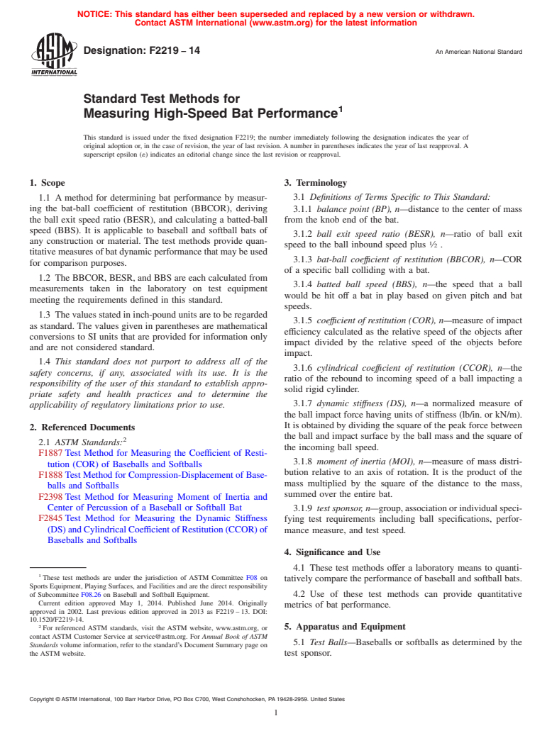 ASTM F2219-14 - Standard Test Methods for  Measuring High-Speed Bat Performance