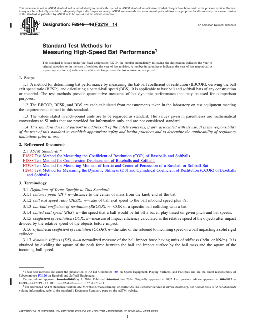 REDLINE ASTM F2219-14 - Standard Test Methods for  Measuring High-Speed Bat Performance