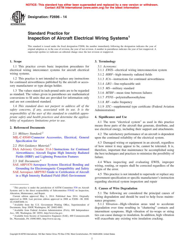 ASTM F2696-14 - Standard Practice for  Inspection of Aircraft Electrical Wiring Systems