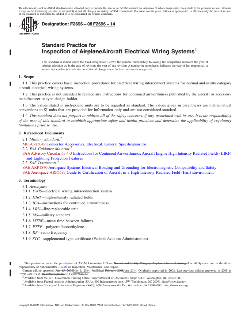 REDLINE ASTM F2696-14 - Standard Practice for  Inspection of Aircraft Electrical Wiring Systems