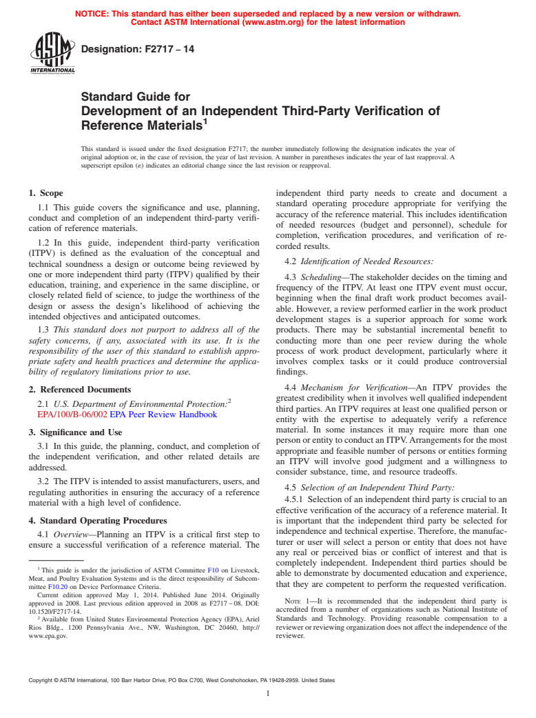 ASTM F2717-14 - Standard Guide for Development of an Independent Third-Party Verification of Reference  Materials