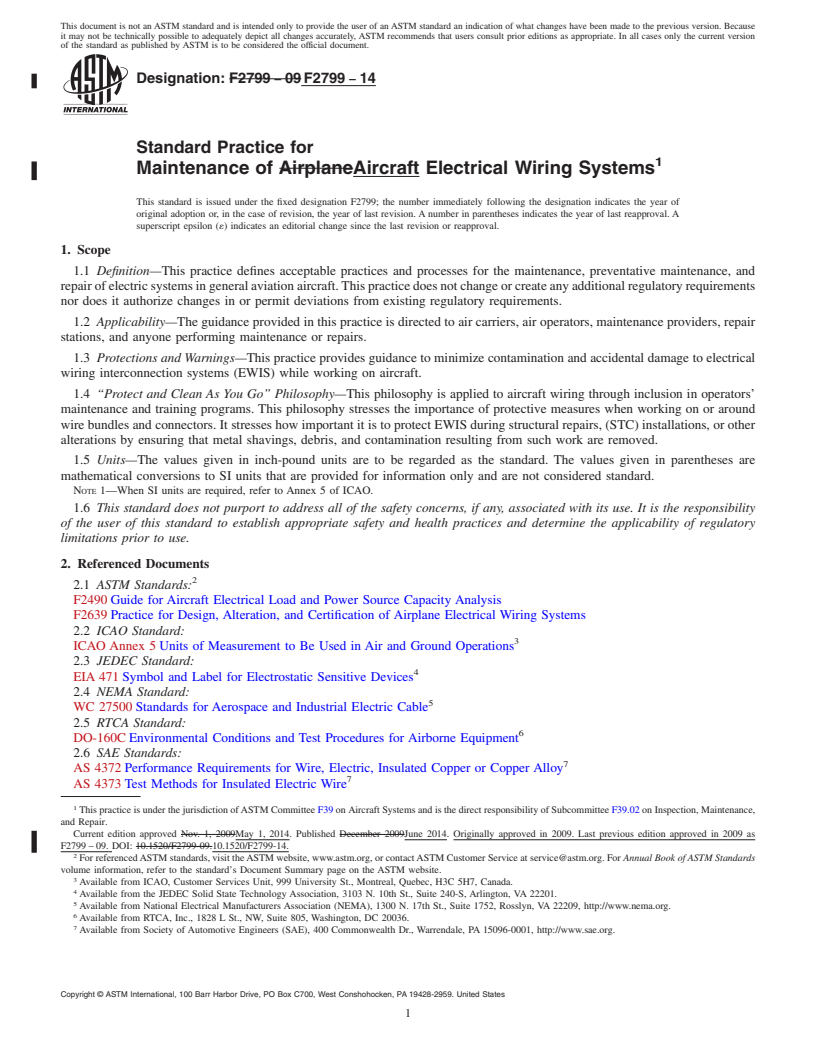 REDLINE ASTM F2799-14 - Standard Practice for Maintenance of Aircraft Electrical Wiring Systems