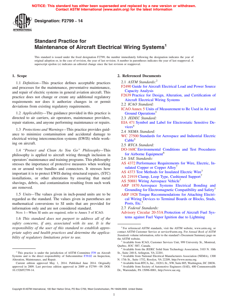 ASTM F2799-14 - Standard Practice for Maintenance of Aircraft Electrical Wiring Systems