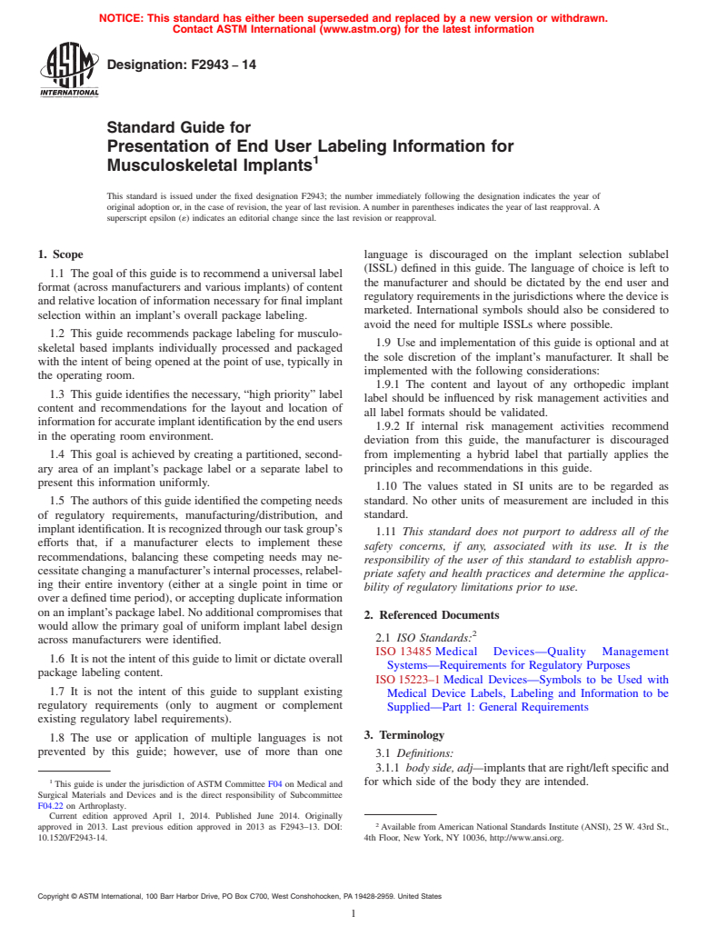 ASTM F2943-14 - Standard Guide for Presentation of End User Labeling Information for Musculoskeletal  Implants