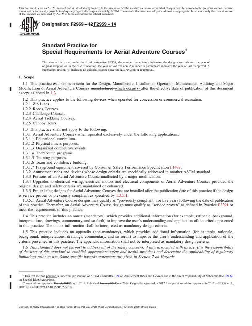 REDLINE ASTM F2959-14 - Standard Practice for Special Requirements for Aerial Adventure Courses