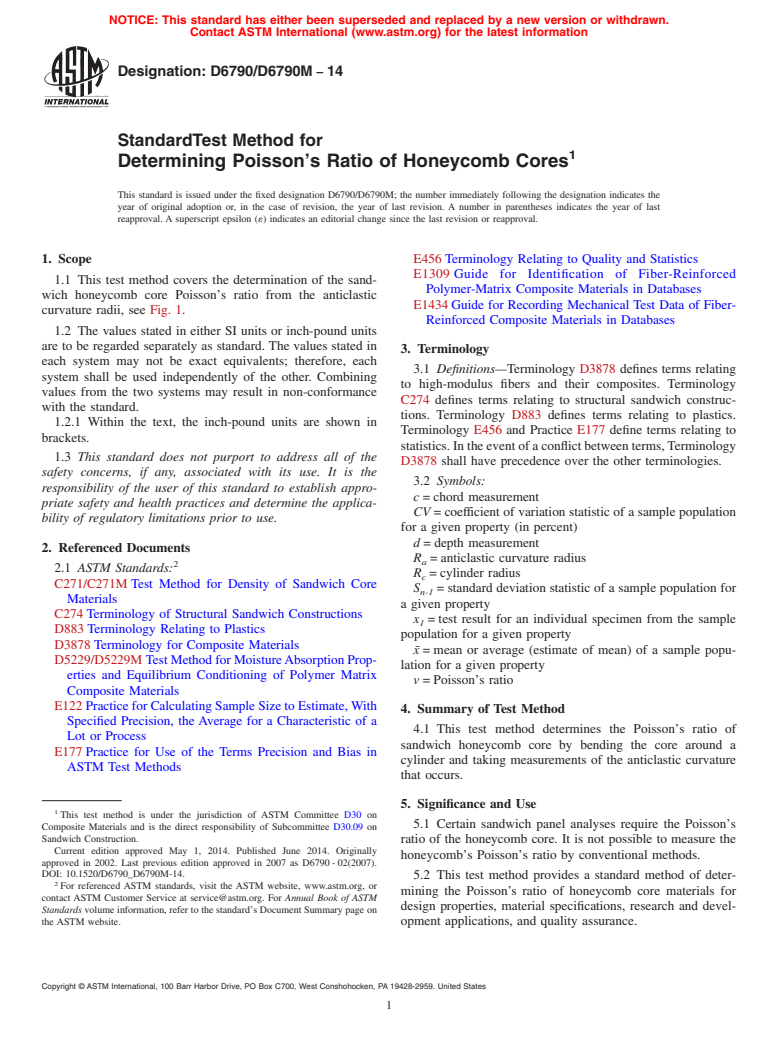 ASTM D6790/D6790M-14 - Standard Test Method for Determining Poisson's Ratio of Honeycomb Cores