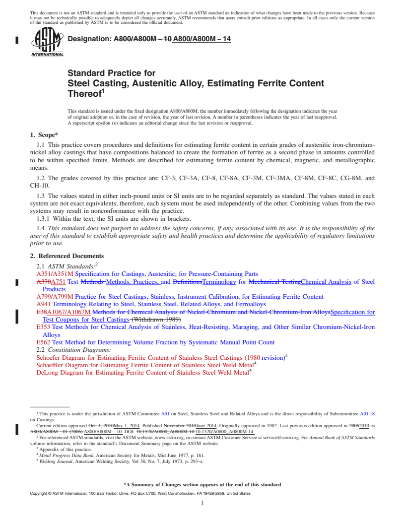 REDLINE ASTM A800/A800M-14 - Standard Practice for  Steel Casting, Austenitic Alloy, Estimating Ferrite Content   Thereof