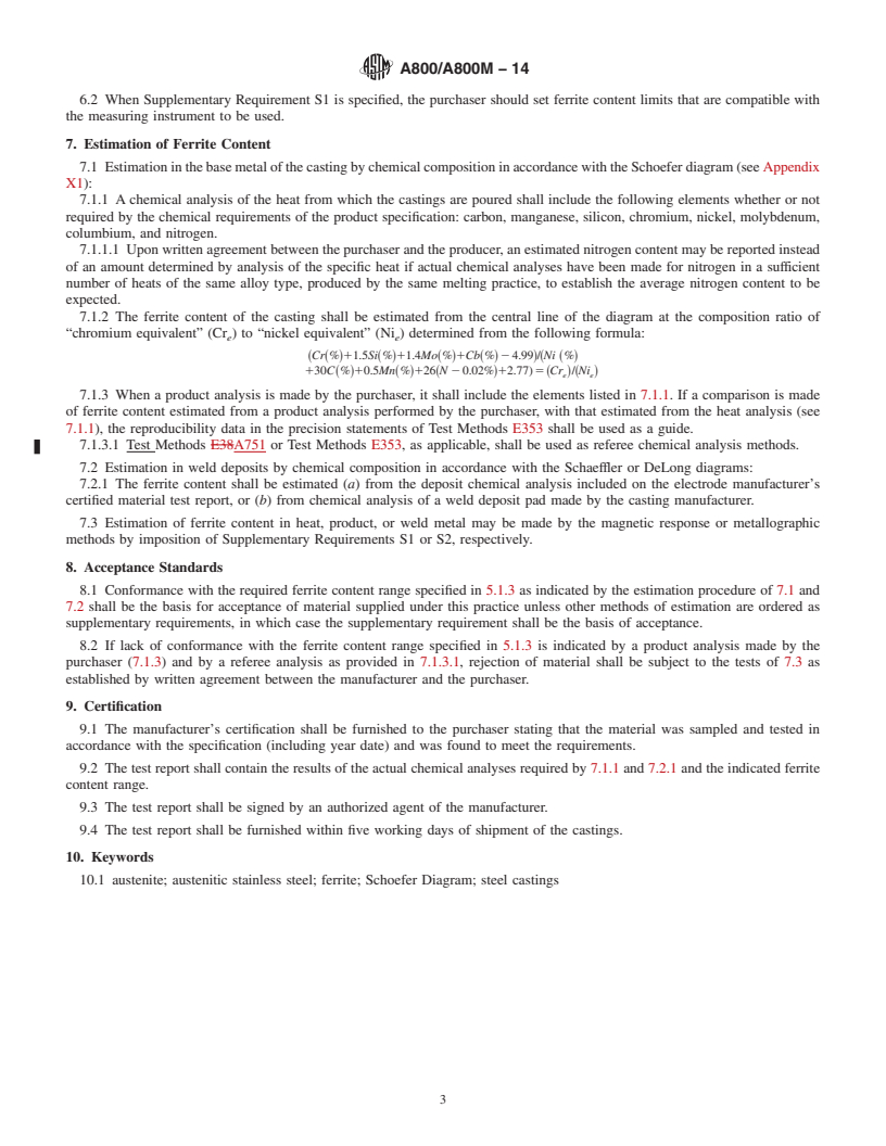 REDLINE ASTM A800/A800M-14 - Standard Practice for  Steel Casting, Austenitic Alloy, Estimating Ferrite Content   Thereof