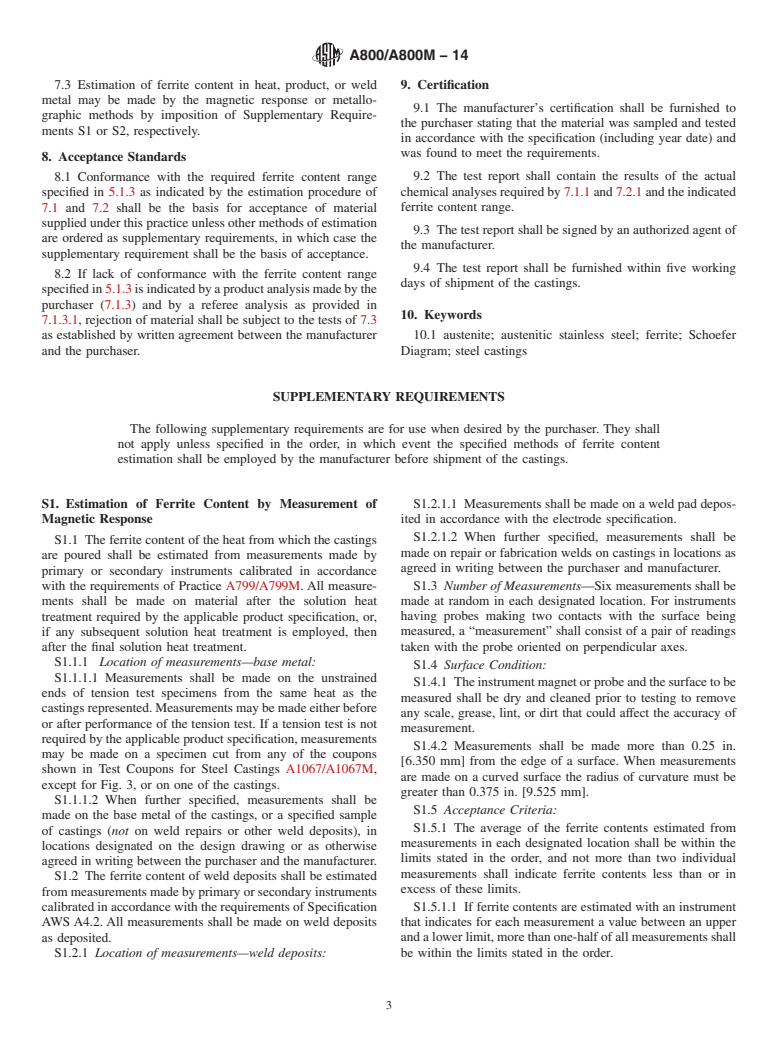 ASTM A800/A800M-14 - Standard Practice for  Steel Casting, Austenitic Alloy, Estimating Ferrite Content   Thereof