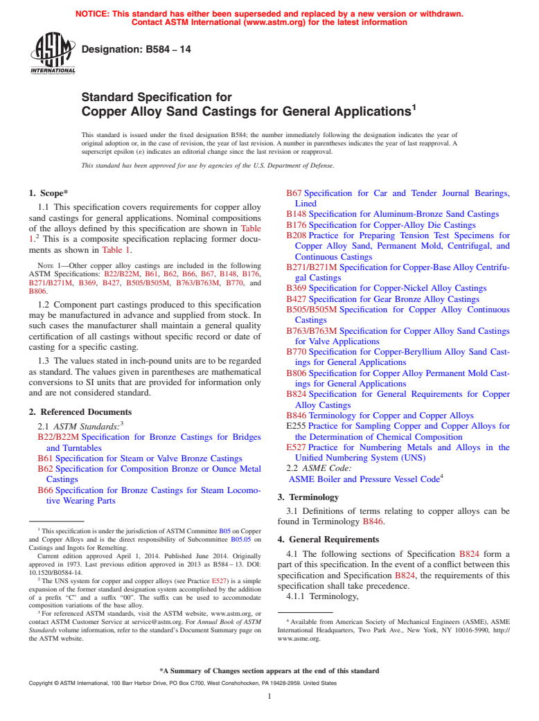 ASTM B584-14 - Standard Specification for Copper Alloy Sand Castings for General Applications