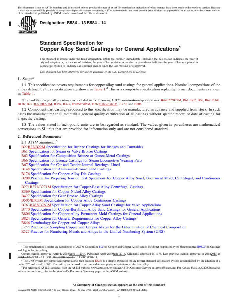 REDLINE ASTM B584-14 - Standard Specification for Copper Alloy Sand Castings for General Applications