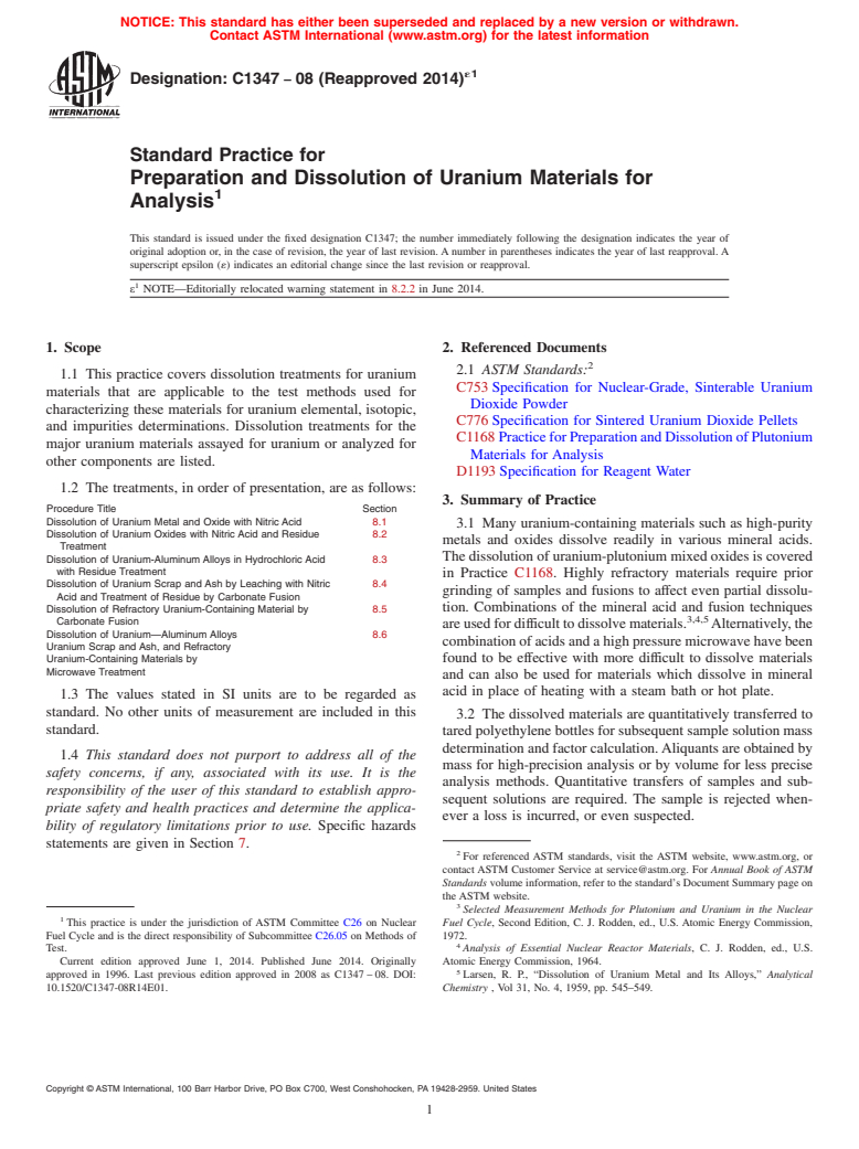 ASTM C1347-08(2014)e1 - Standard Practice for  Preparation and Dissolution of Uranium Materials for Analysis