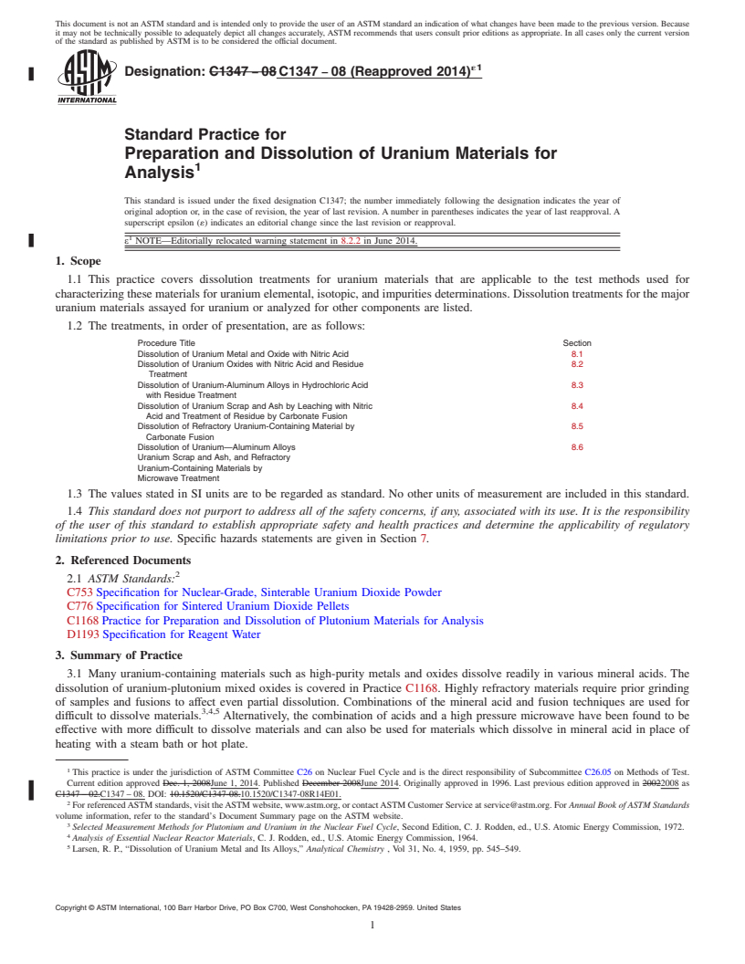 REDLINE ASTM C1347-08(2014)e1 - Standard Practice for  Preparation and Dissolution of Uranium Materials for Analysis