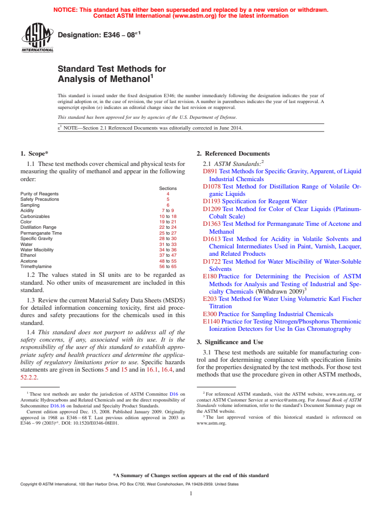 ASTM E346-08e1 - Standard Test Methods for  Analysis of Methanol (Withdrawn 2017)