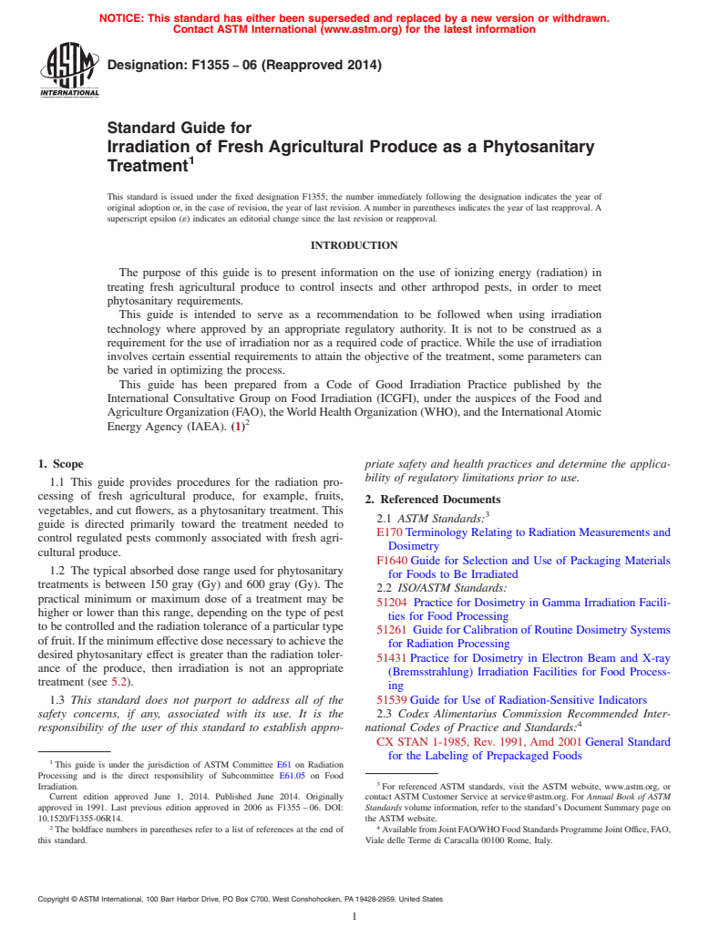 ASTM F1355-06(2014) - Standard Guide for  Irradiation of Fresh Agricultural Produce as a Phytosanitary  Treatment