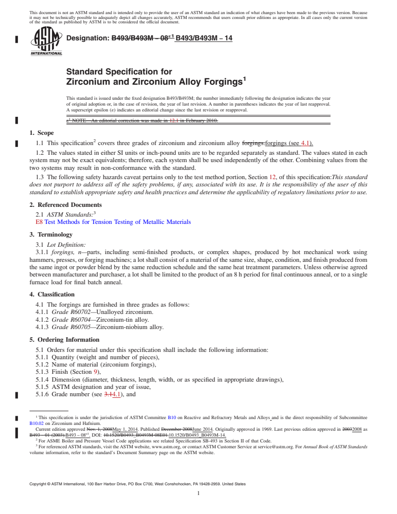 REDLINE ASTM B493/B493M-14 - Standard Specification for Zirconium and Zirconium Alloy Forgings