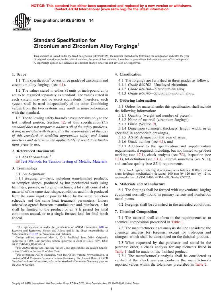 ASTM B493/B493M-14 - Standard Specification for Zirconium and Zirconium Alloy Forgings