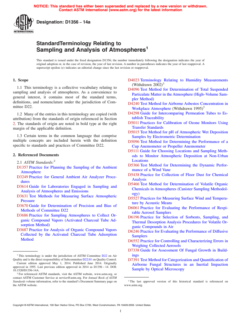 ASTM D1356-14a - Standard Terminology Relating to  Sampling and Analysis of Atmospheres
