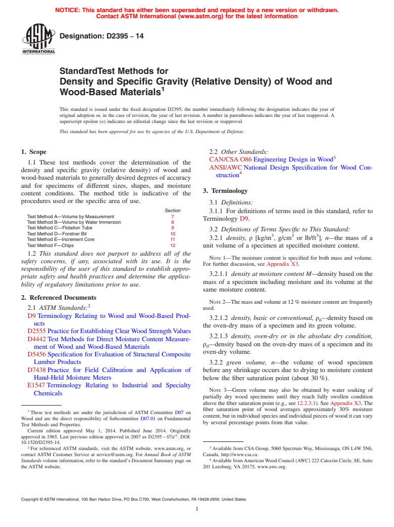 ASTM D2395-14 - Standard Test Methods for Density and Specific Gravity &#40;Relative Density&#41; of Wood and  Wood-Based Materials